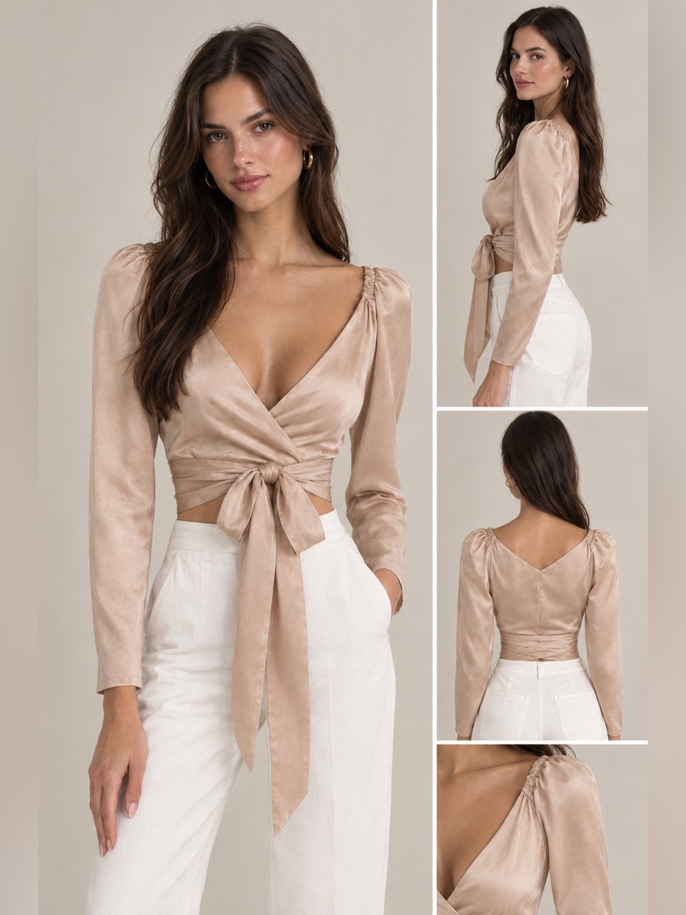 New Satin Puff Sleeve Crop Top in Champagne, Front Ties, Size XS-M